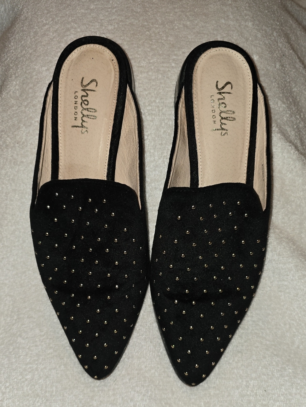 Shellys London Black Velvet Gold Studded Pointed Toe Mules 8.5 - Picture 2 of 13